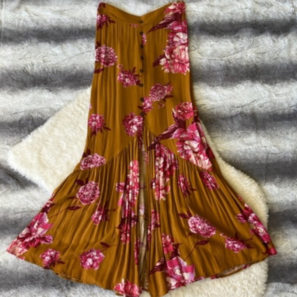 Living Doll Boho Tan Pink Floral Long Skirt - Picture 1 of 5
